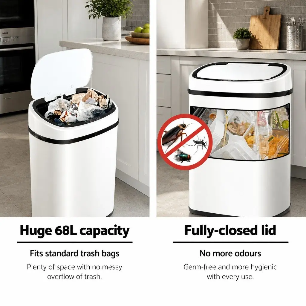 Automatic Bin White 68L Motion Sensor Hands-Free Steel