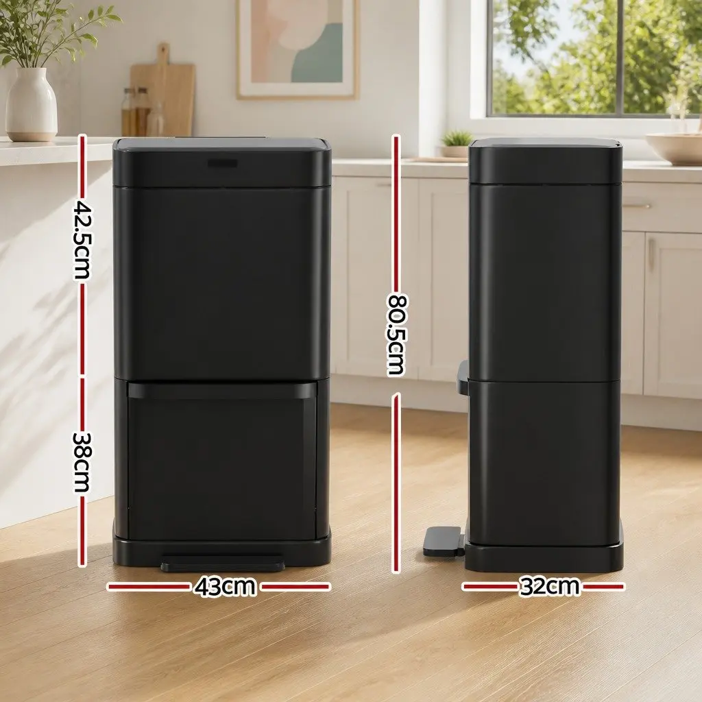 Automatic Bin Black 70L Hands-Free Motion Sensor Dual Compartment
