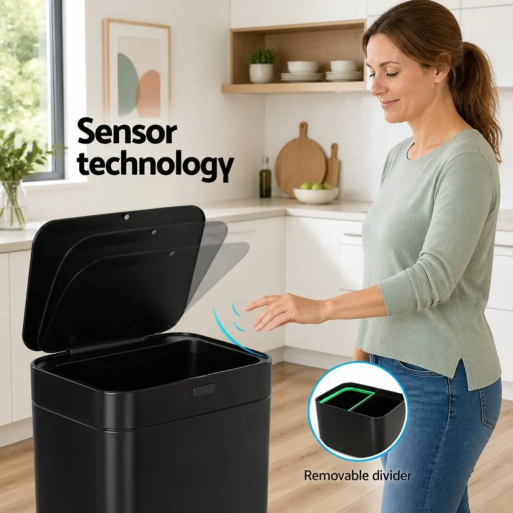 Automatic Bin Black 70L Hands-Free Motion Sensor Dual Compartment