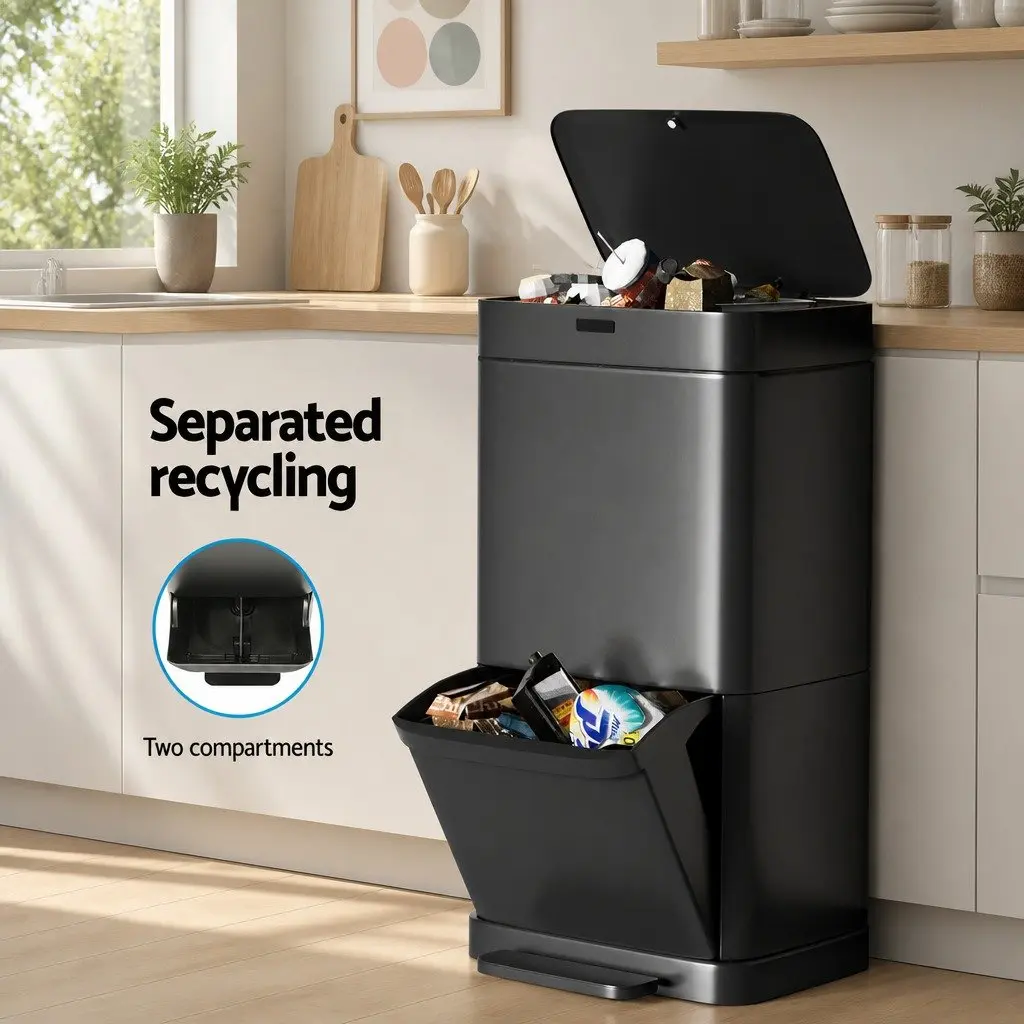 Automatic Bin Black 70L Hands-Free Motion Sensor Dual Compartment