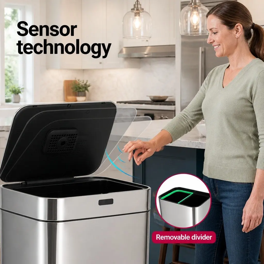 Automatic Bin Silver 70L Motion Sensor Hands-Free Dual Compartment