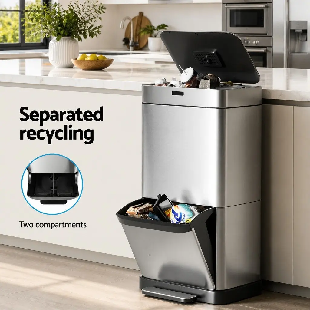 Automatic Bin Silver 70L Motion Sensor Hands-Free Dual Compartment