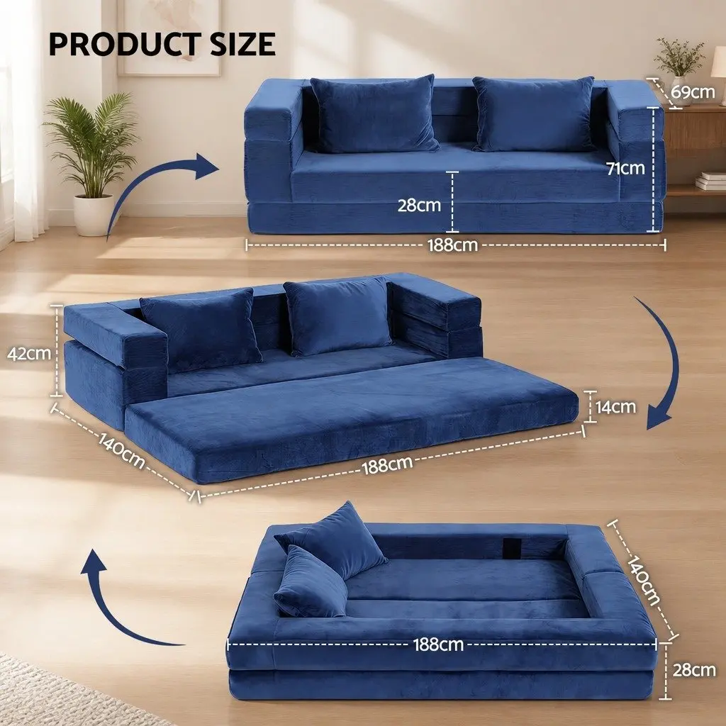 Convertible Folding Sofa Bed Pull Out Mattress Foldable Lounge Couch Chair Blue