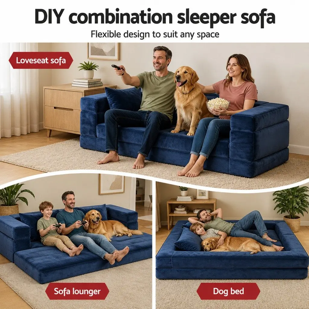 Convertible Folding Sofa Bed Pull Out Mattress Foldable Lounge Couch Chair Blue