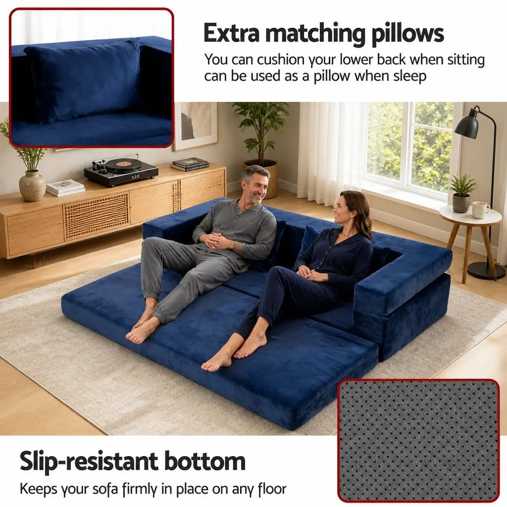 Convertible Folding Sofa Bed Pull Out Mattress Foldable Lounge Couch Chair Blue