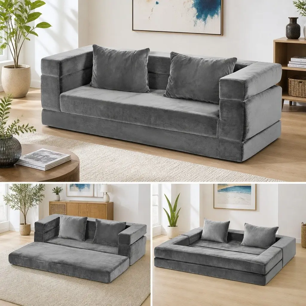 Convertible Folding Sofa Bed Pull Out Mattress Foldable Lounge Couch Grey