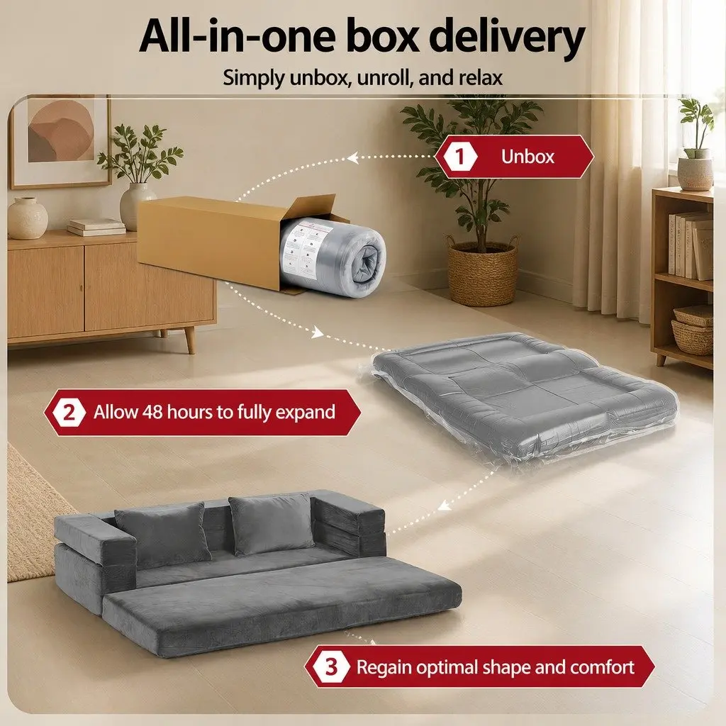 Convertible Folding Sofa Bed Pull Out Mattress Foldable Lounge Couch Grey
