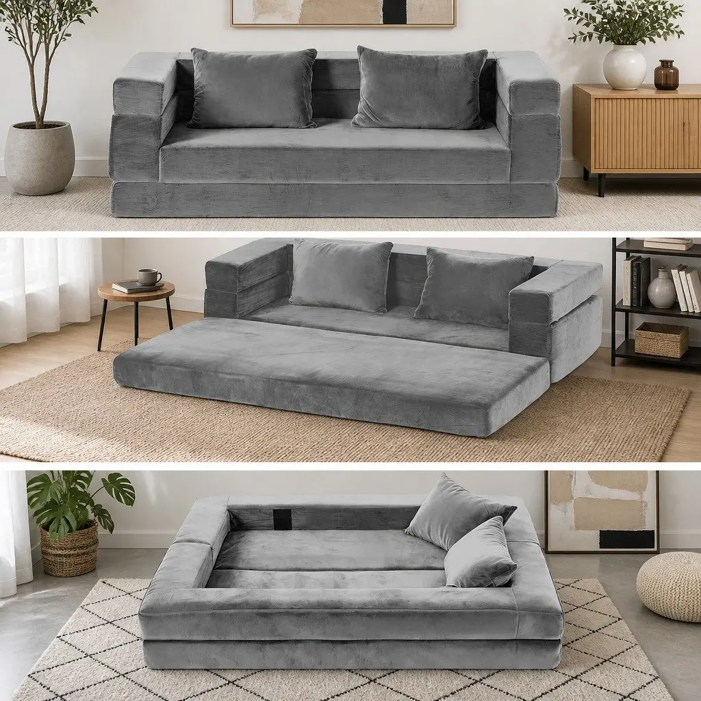Convertible Folding Sofa Bed Pull Out Mattress Foldable Lounge Couch Grey
