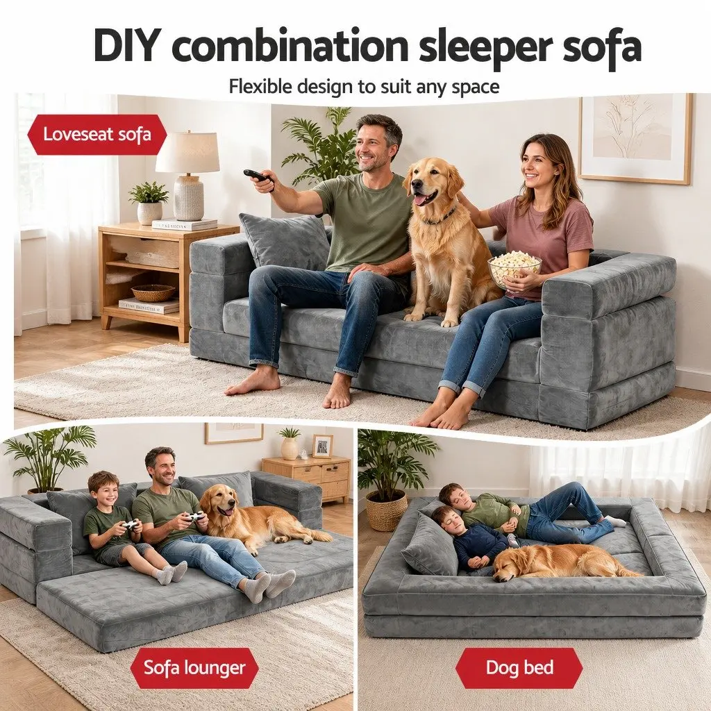 Convertible Folding Sofa Bed Pull Out Mattress Foldable Lounge Couch Grey