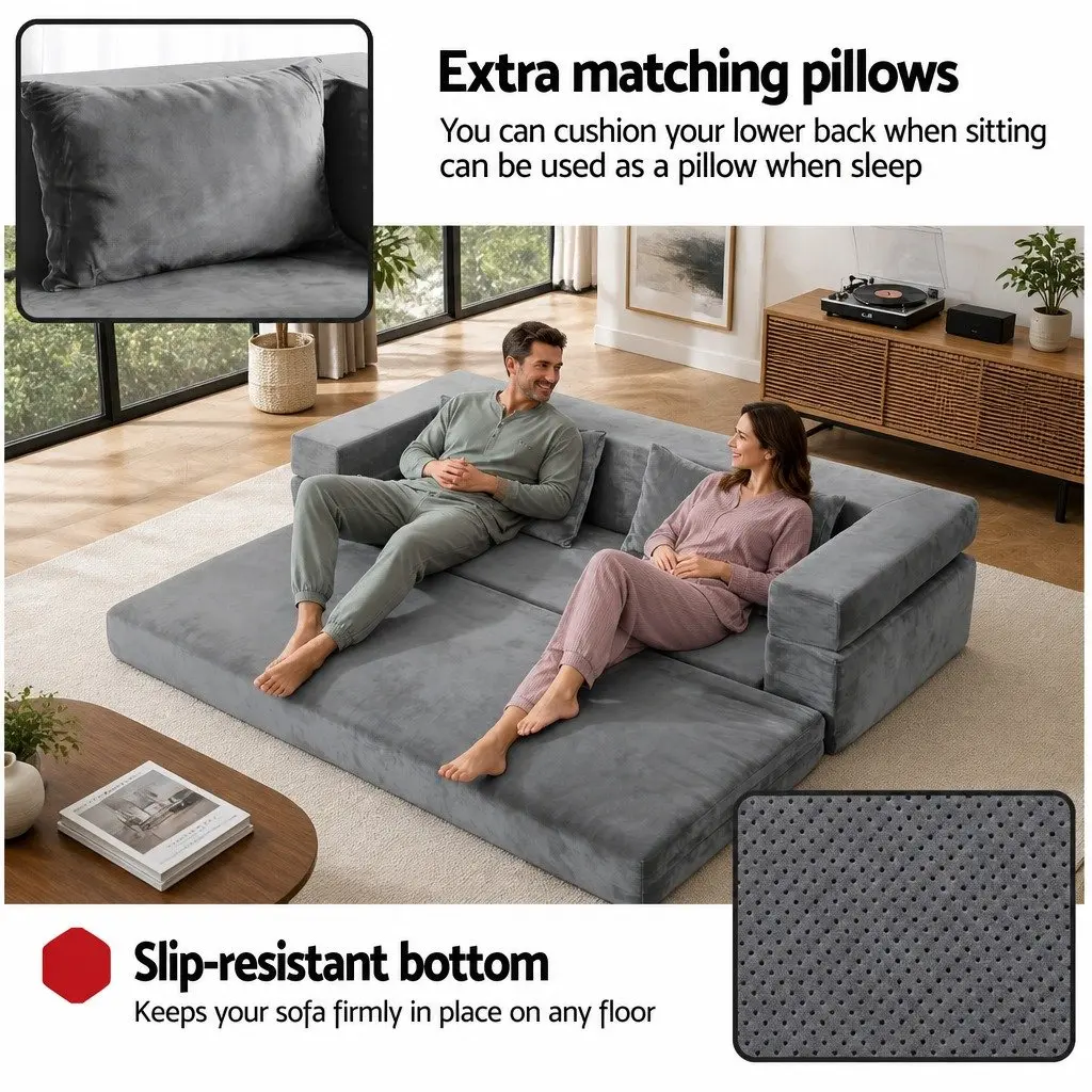 Convertible Folding Sofa Bed Pull Out Mattress Foldable Lounge Couch Grey