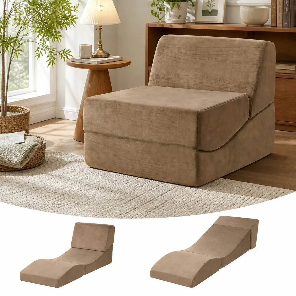 Folding Sofa Bed Brown 3-in-1 Convertible Armless Foam Lounger Chair