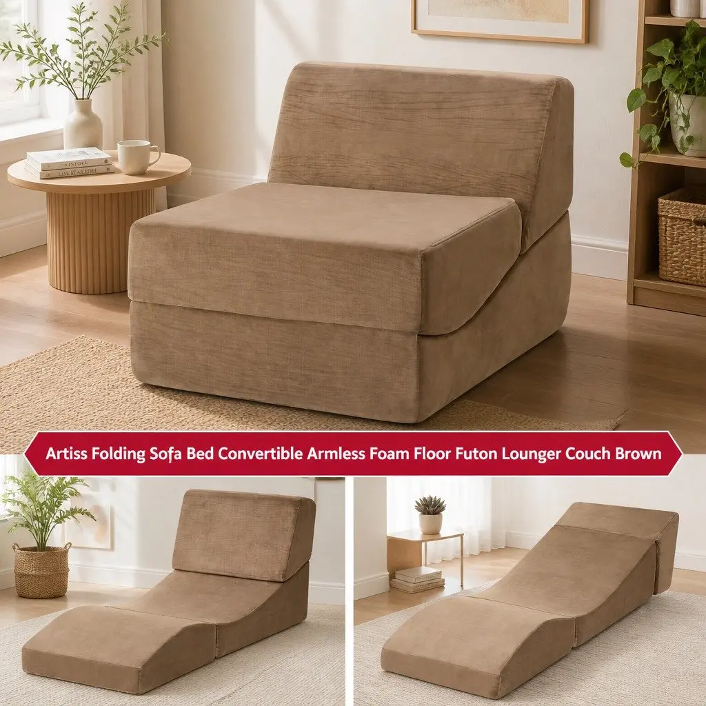Folding Sofa Bed Brown 3-in-1 Convertible Armless Foam Lounger Chair