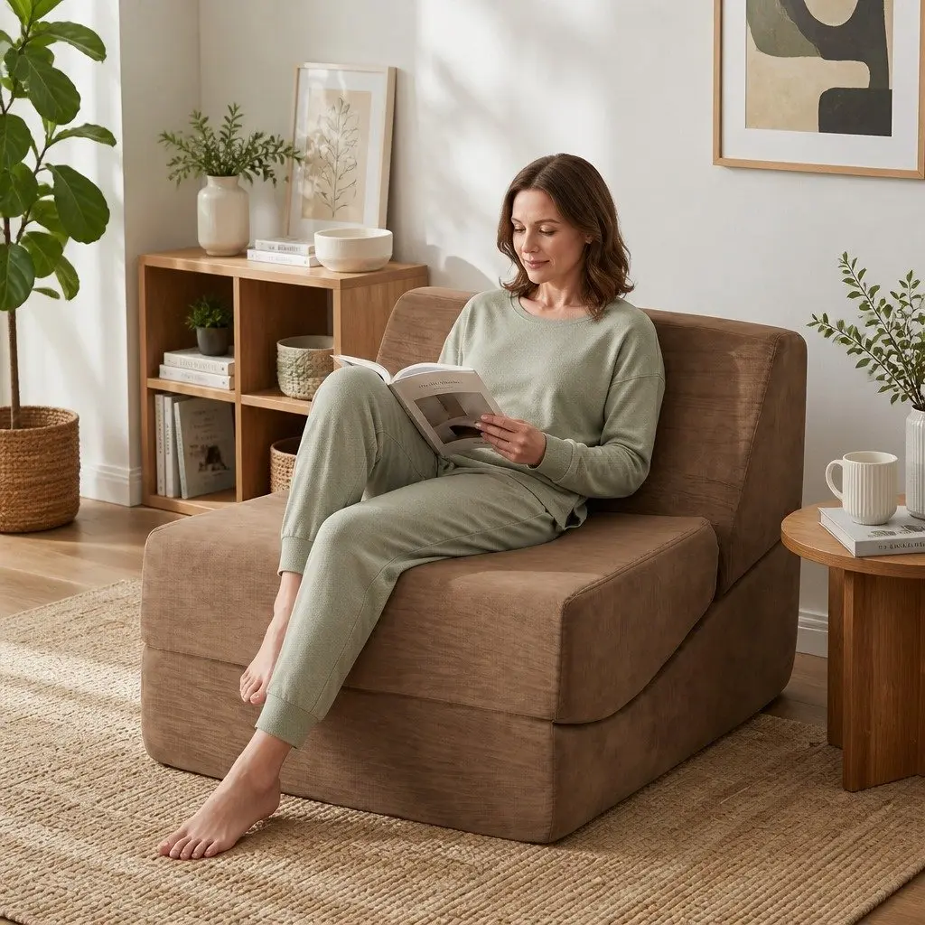 Folding Sofa Bed Brown 3-in-1 Convertible Armless Foam Lounger Chair