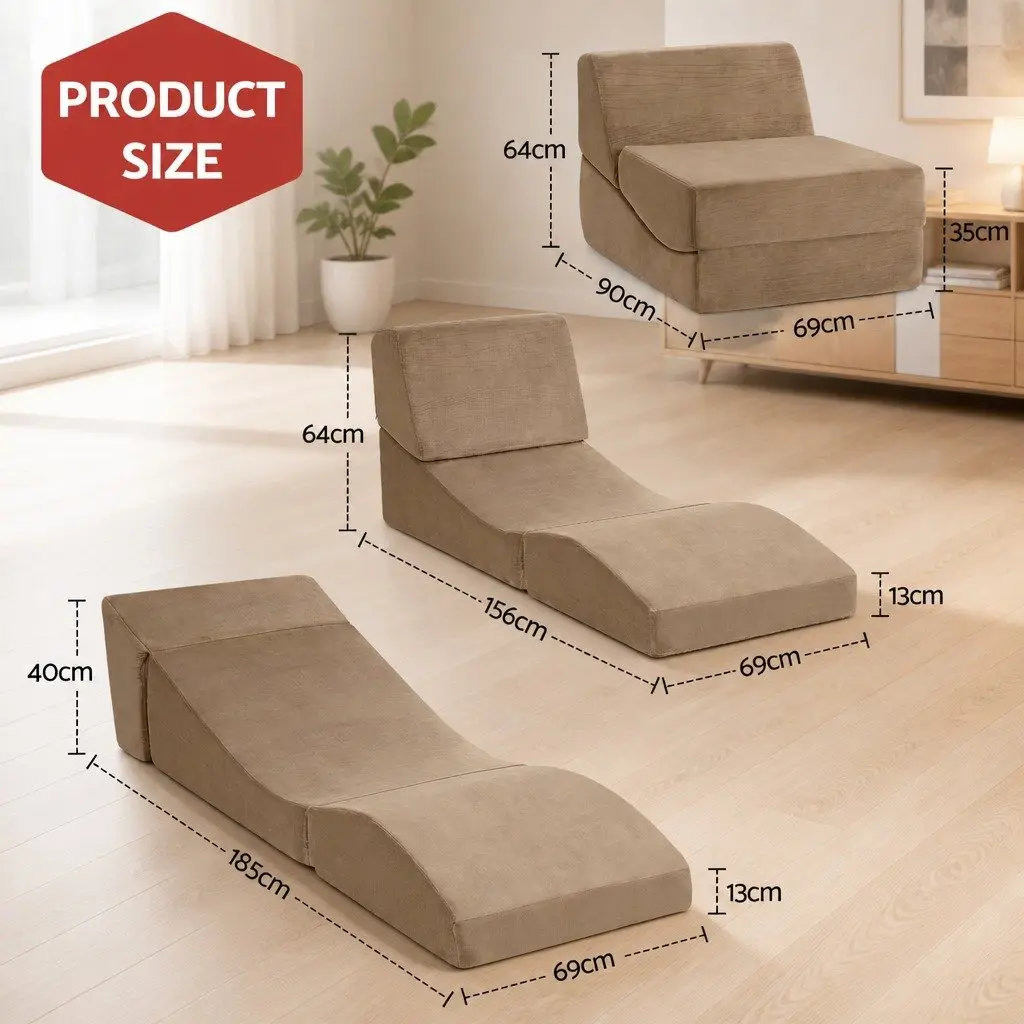 Folding Sofa Bed Brown 3-in-1 Convertible Armless Foam Lounger Chair