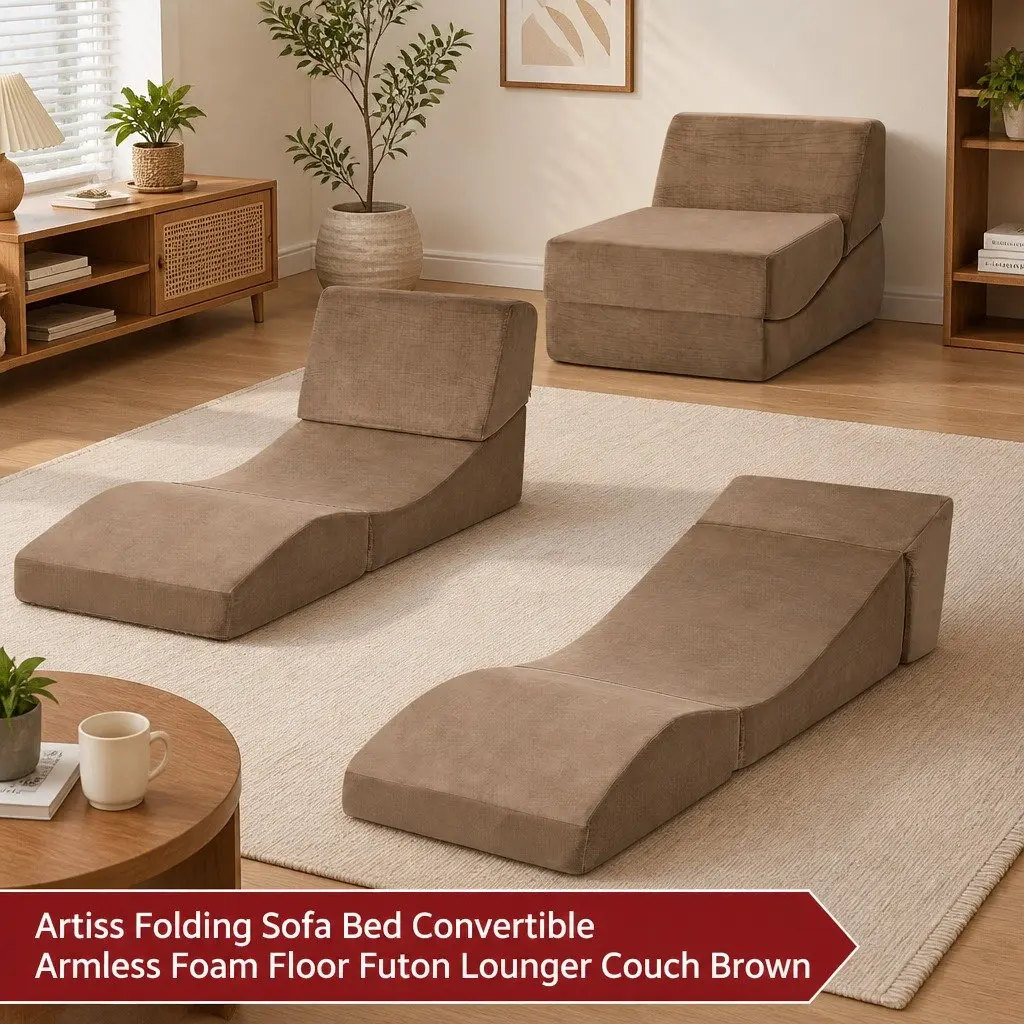 Folding Sofa Bed Brown 3-in-1 Convertible Armless Foam Lounger Chair