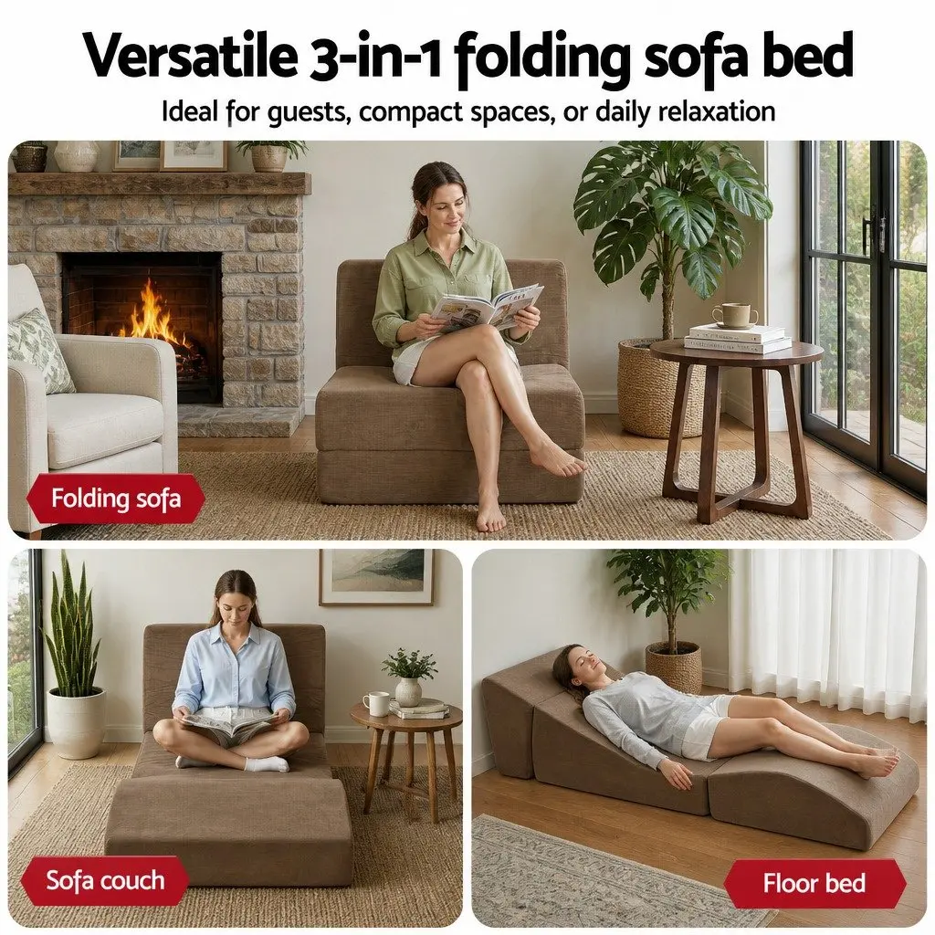 Folding Sofa Bed Brown 3-in-1 Convertible Armless Foam Lounger Chair