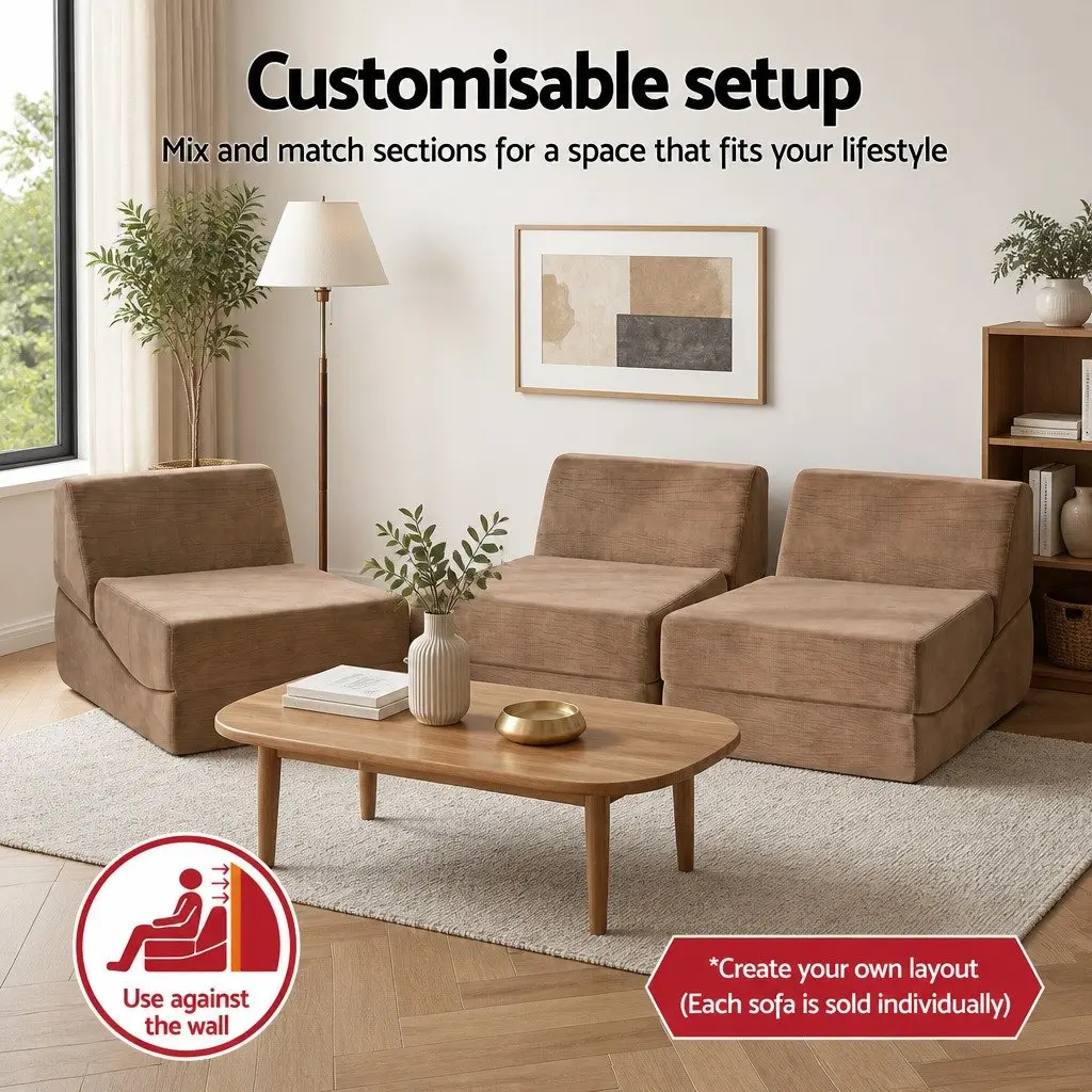 Folding Sofa Bed Brown 3-in-1 Convertible Armless Foam Lounger Chair