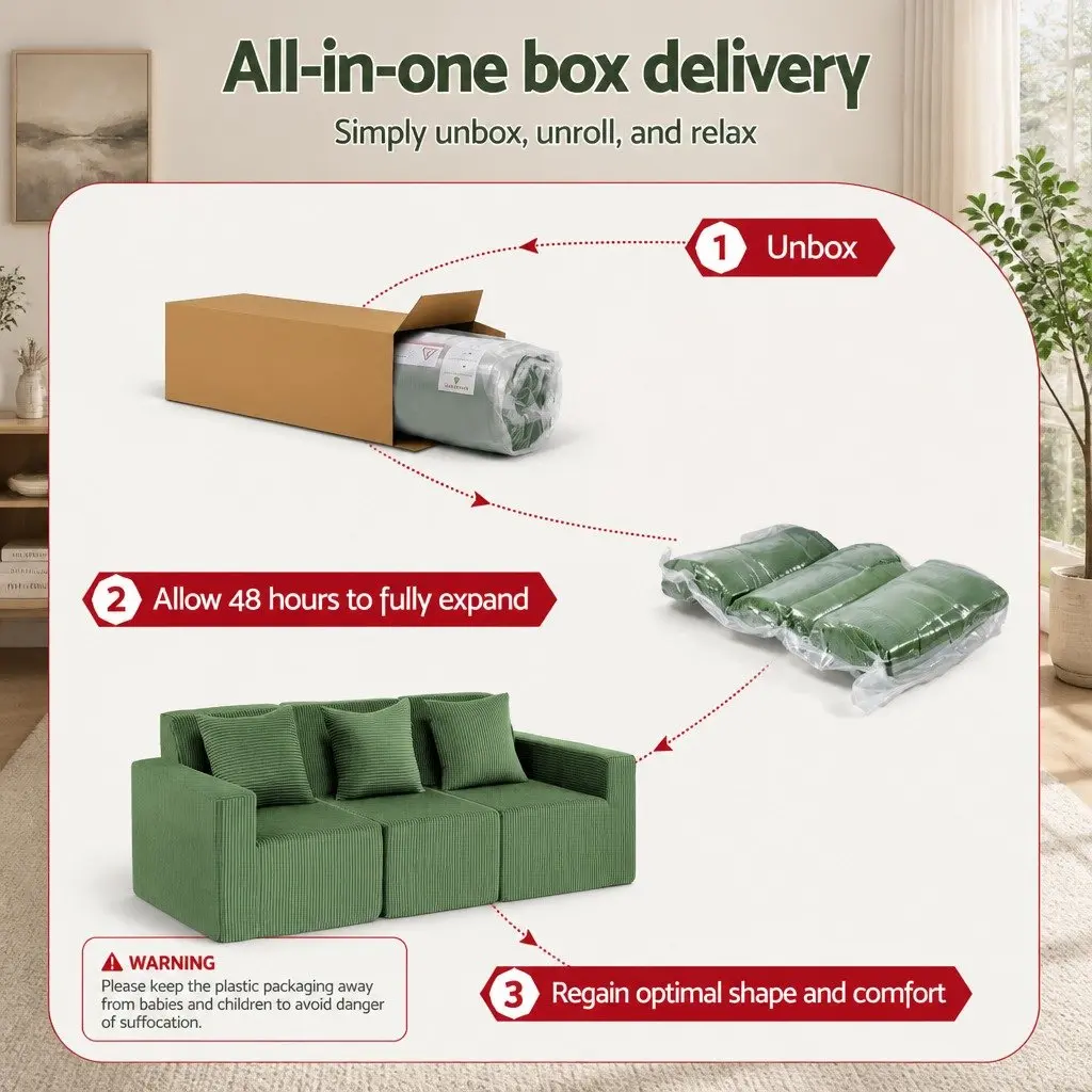 Modular 3-Seater Sofa Bed Convertible Sectional Floor Couch Deep Seat Green