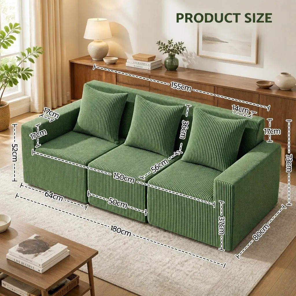 Modular 3-Seater Sofa Bed Convertible Sectional Floor Couch Deep Seat Green