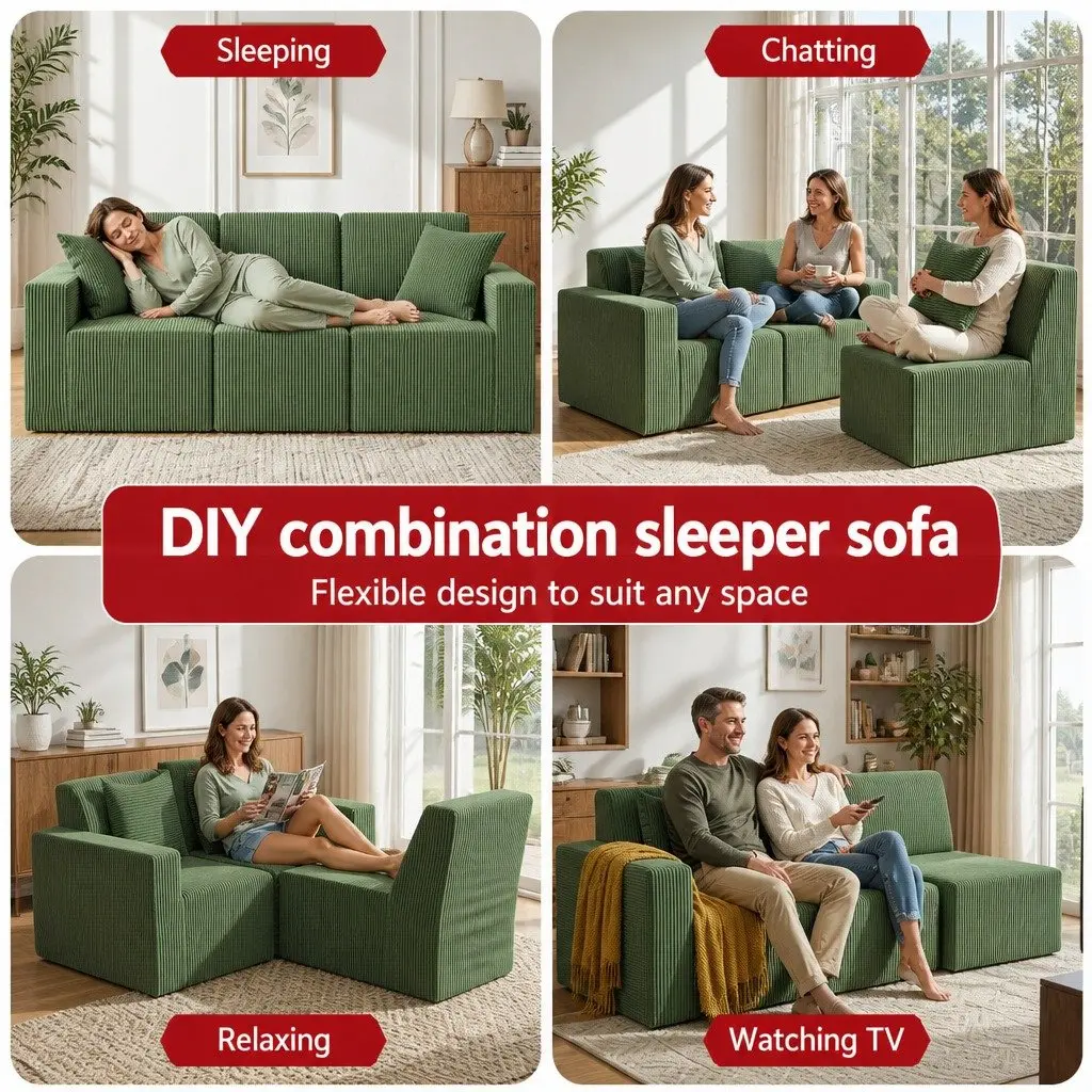Modular 3-Seater Sofa Bed Convertible Sectional Floor Couch Deep Seat Green