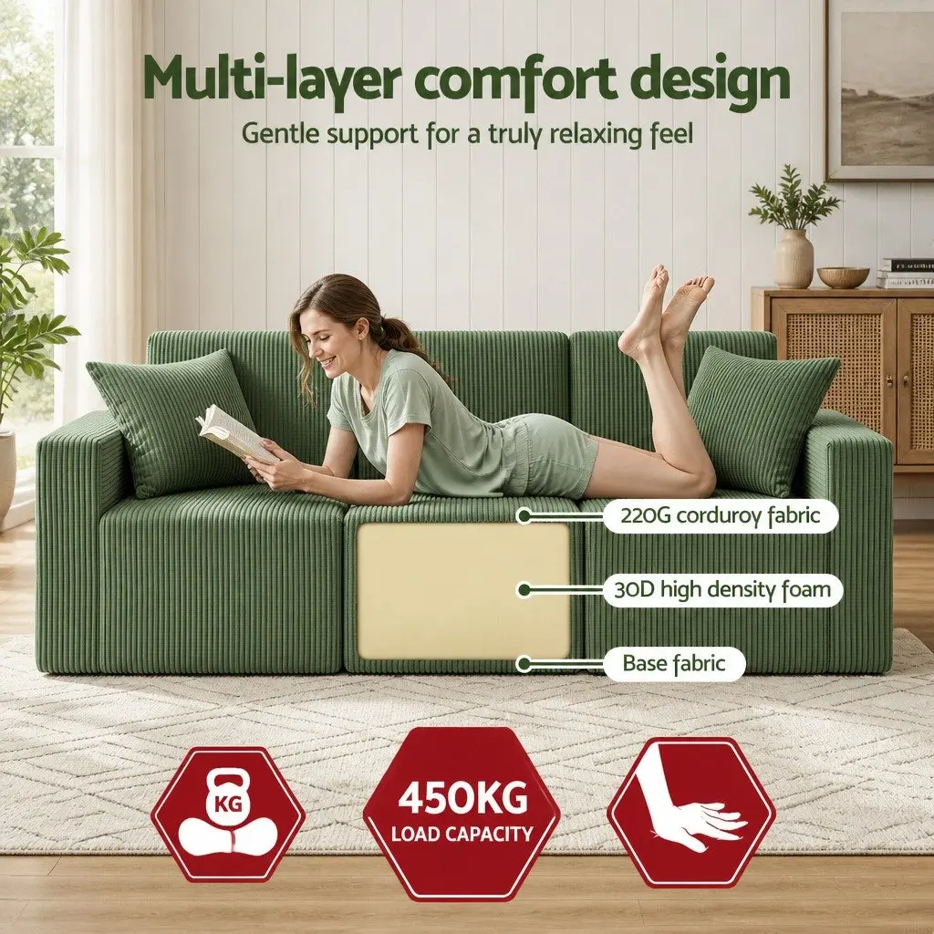 Modular 3-Seater Sofa Bed Convertible Sectional Floor Couch Deep Seat Green
