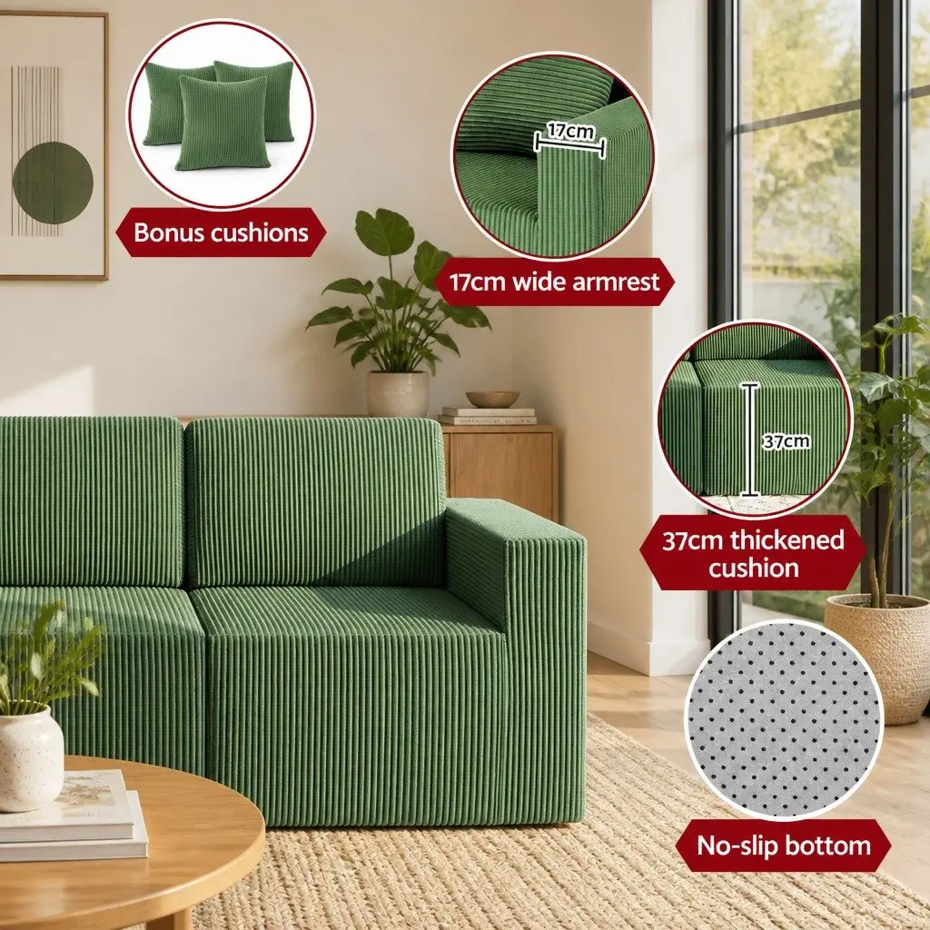 Modular 3-Seater Sofa Bed Convertible Sectional Floor Couch Deep Seat Green
