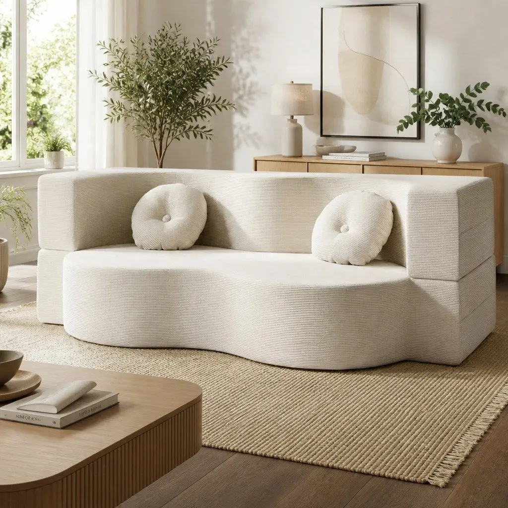 Sofa Bed Beige 203cm 2-in-1 Convertible Futon Loveseat Couch Floor Sleeper