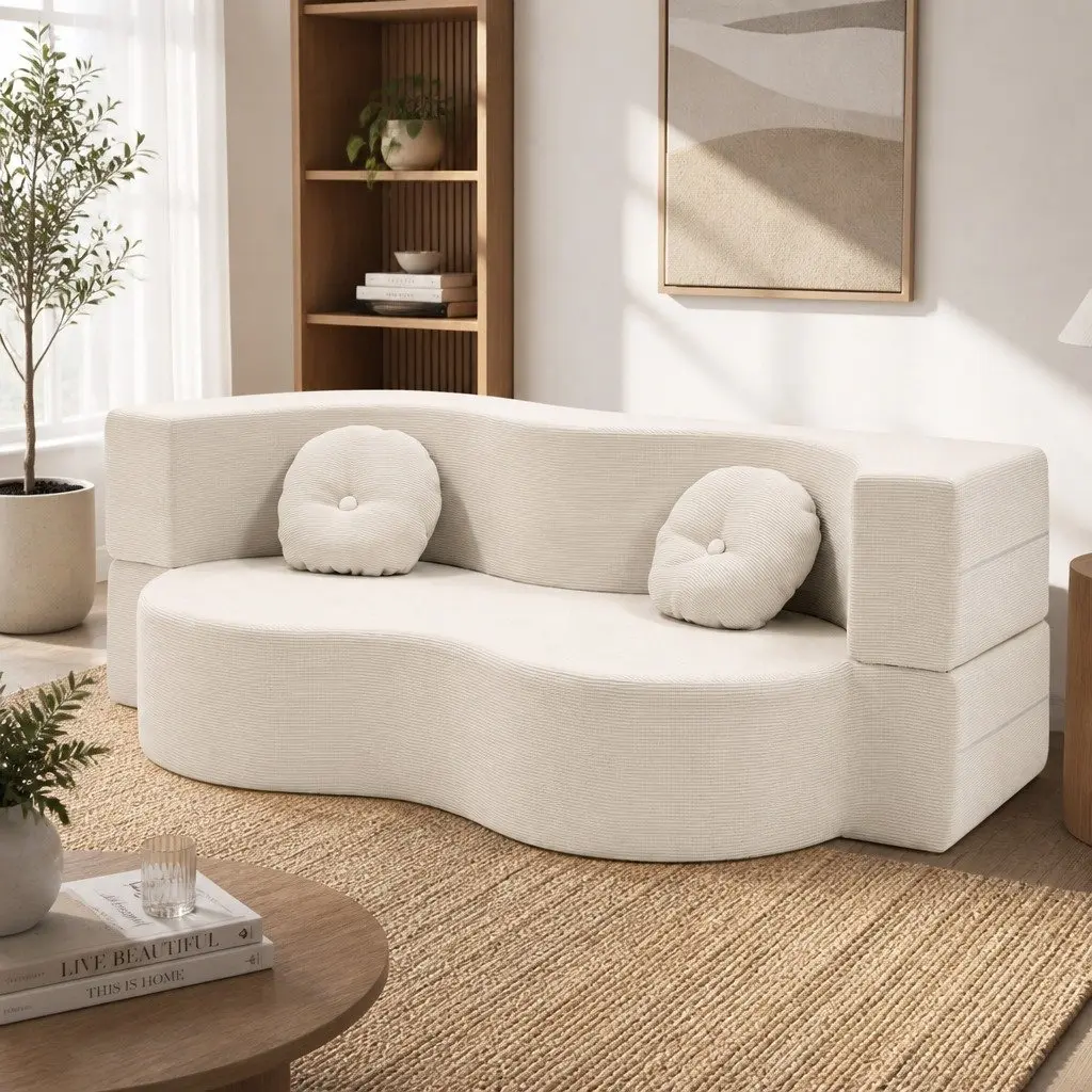 Sofa Bed Beige 203cm 2-in-1 Convertible Futon Loveseat Couch Floor Sleeper