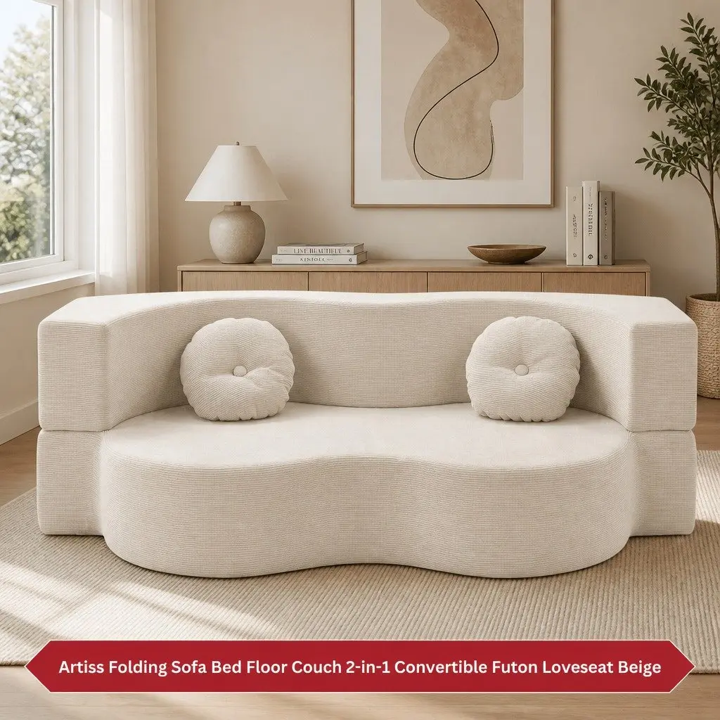 Sofa Bed Beige 203cm 2-in-1 Convertible Futon Loveseat Couch Floor Sleeper