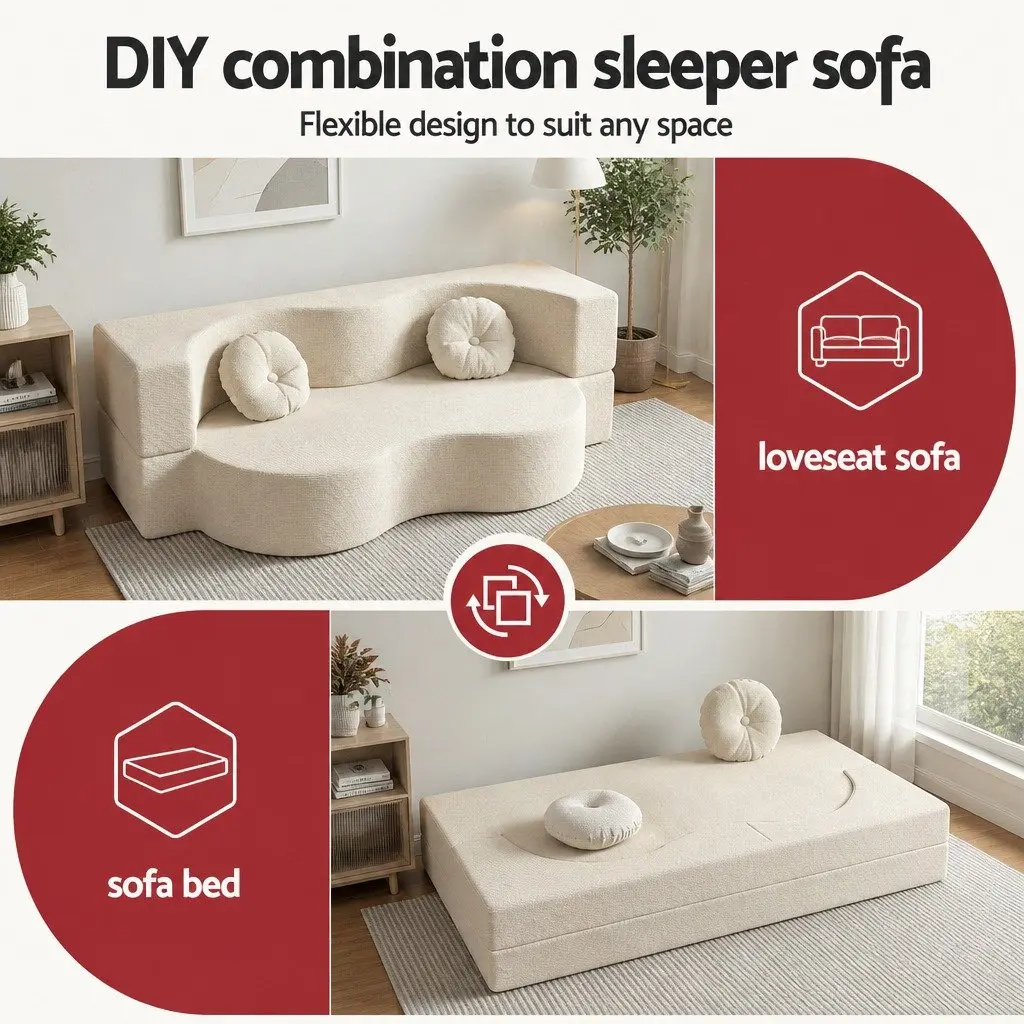 Sofa Bed Beige 203cm 2-in-1 Convertible Futon Loveseat Couch Floor Sleeper