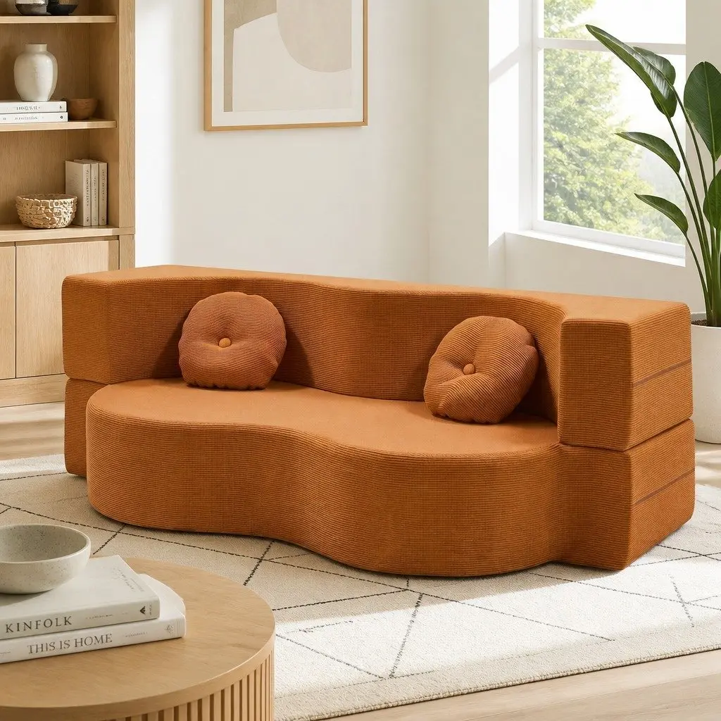 Folding Sofa Bed Floor Couch 2-in-1 Convertible Futon Loveseat Orange