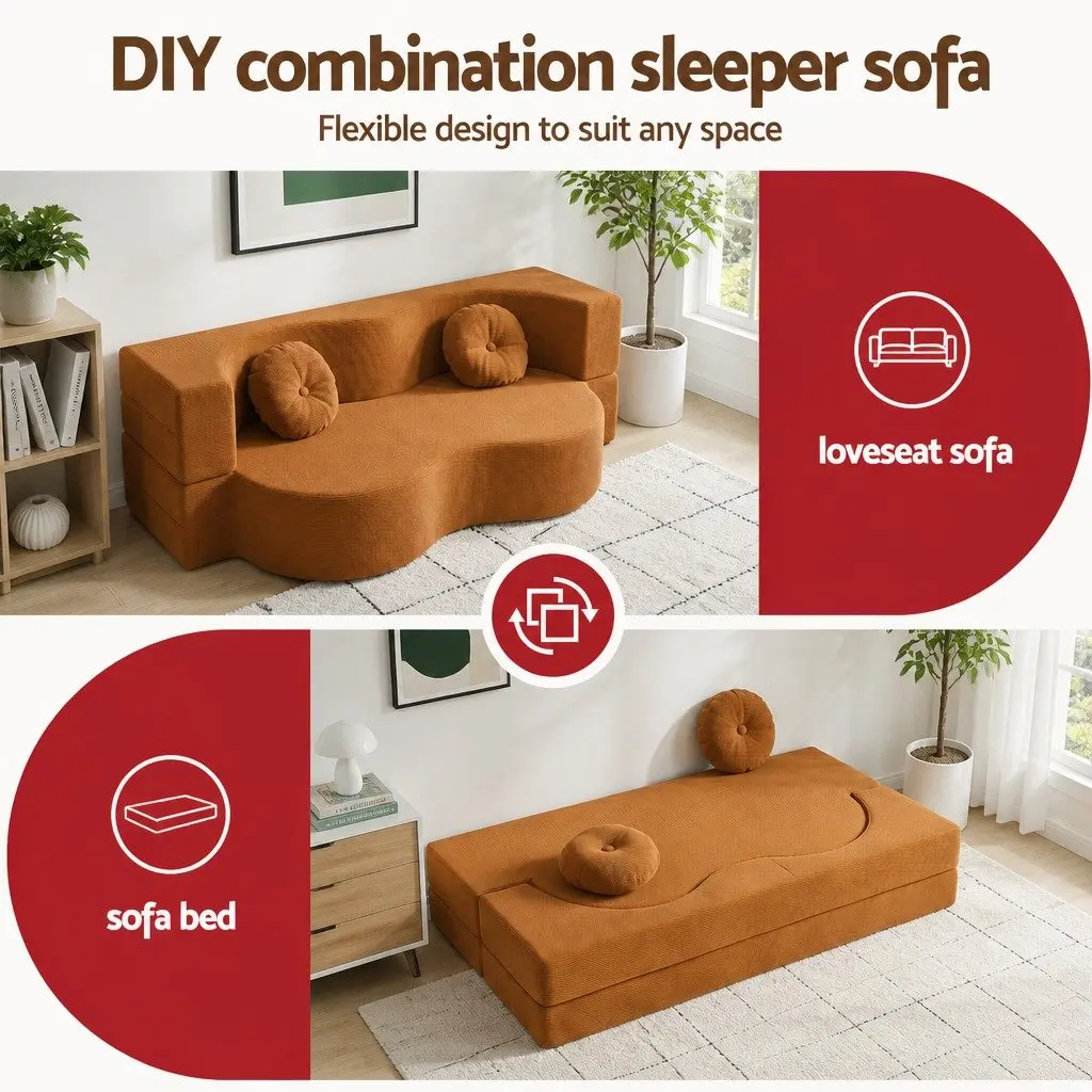 Folding Sofa Bed Floor Couch 2-in-1 Convertible Futon Loveseat Orange