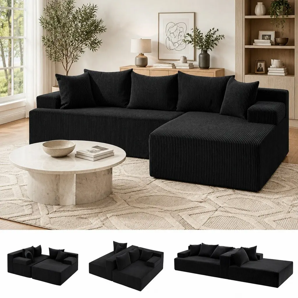 L-Shaped Modular Sectional Sofa Bed Black 4-Seater Convertible Couch Corduroy Fabric High-Density Foam