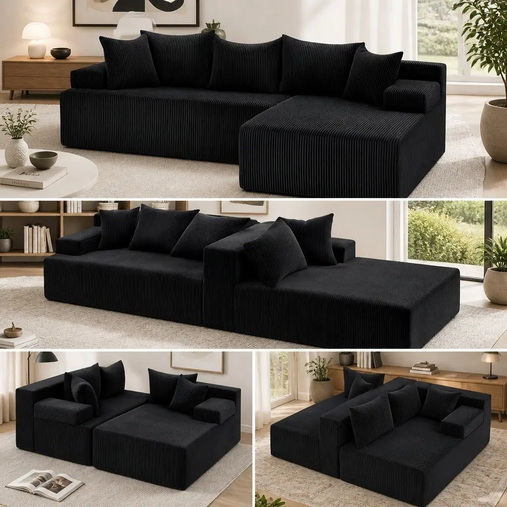 L-Shaped Modular Sectional Sofa Bed Black 4-Seater Convertible Couch Corduroy Fabric High-Density Foam