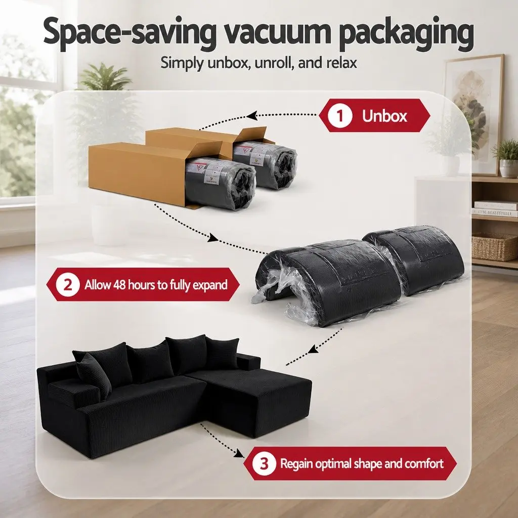 L-Shaped Modular Sectional Sofa Bed Black 4-Seater Convertible Couch Corduroy Fabric High-Density Foam