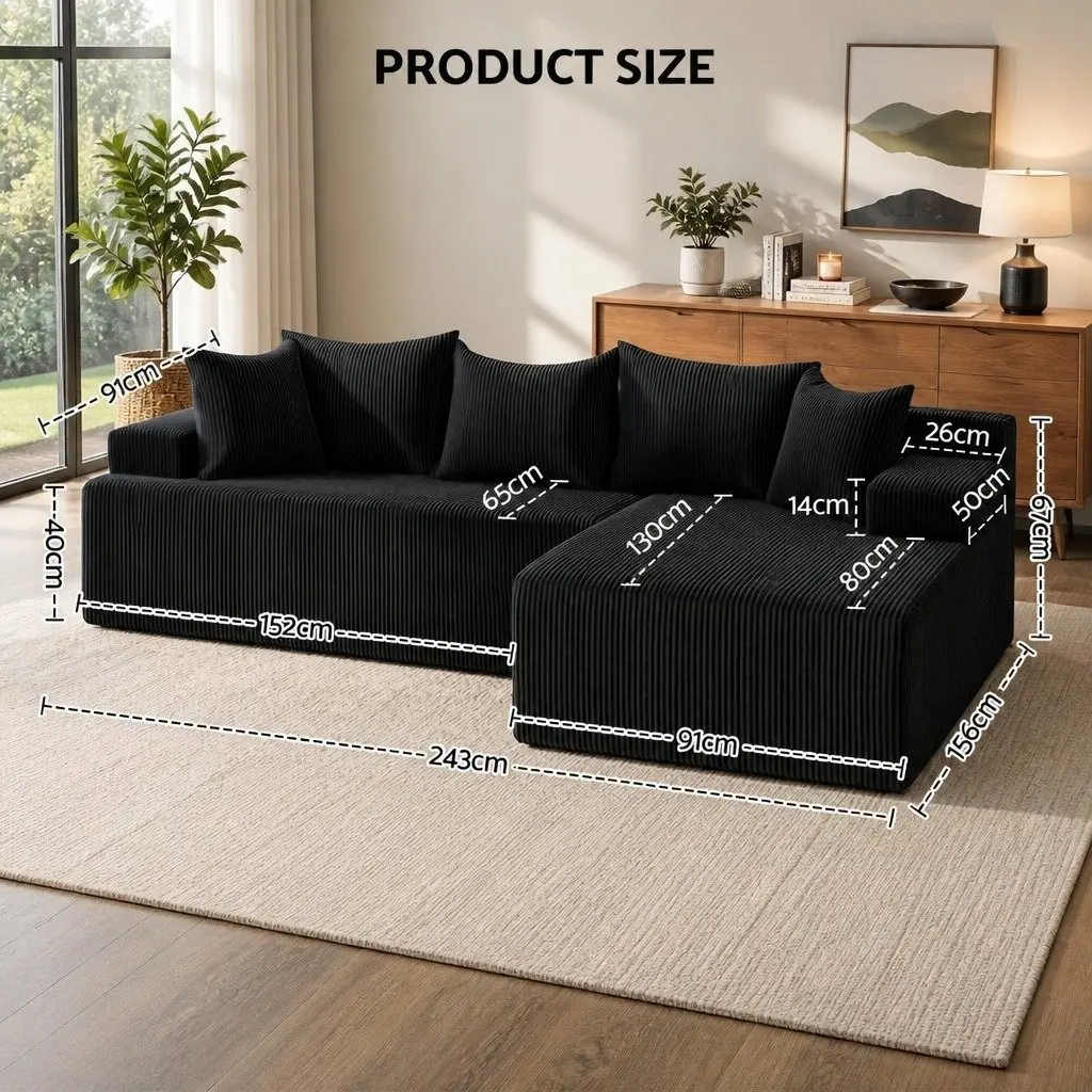 L-Shaped Modular Sectional Sofa Bed Black 4-Seater Convertible Couch Corduroy Fabric High-Density Foam