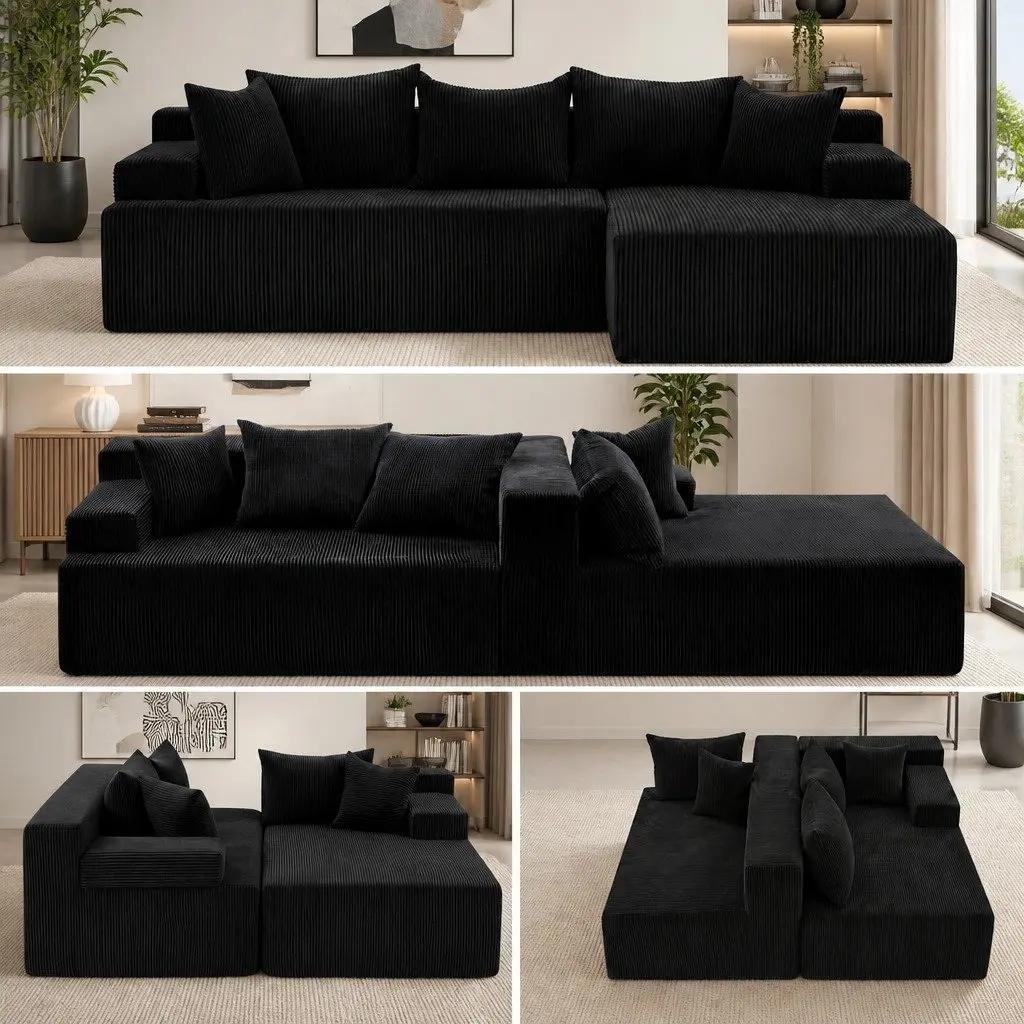 L-Shaped Modular Sectional Sofa Bed Black 4-Seater Convertible Couch Corduroy Fabric High-Density Foam