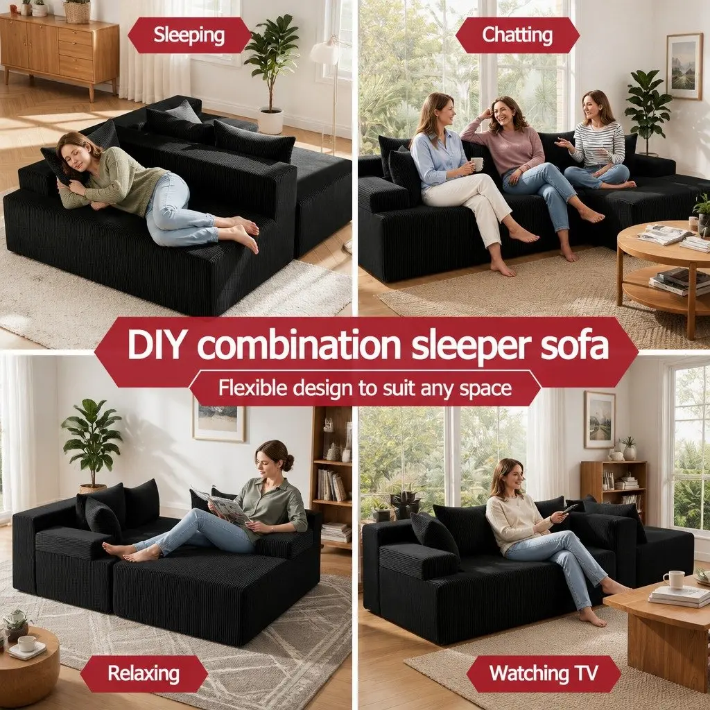L-Shaped Modular Sectional Sofa Bed Black 4-Seater Convertible Couch Corduroy Fabric High-Density Foam