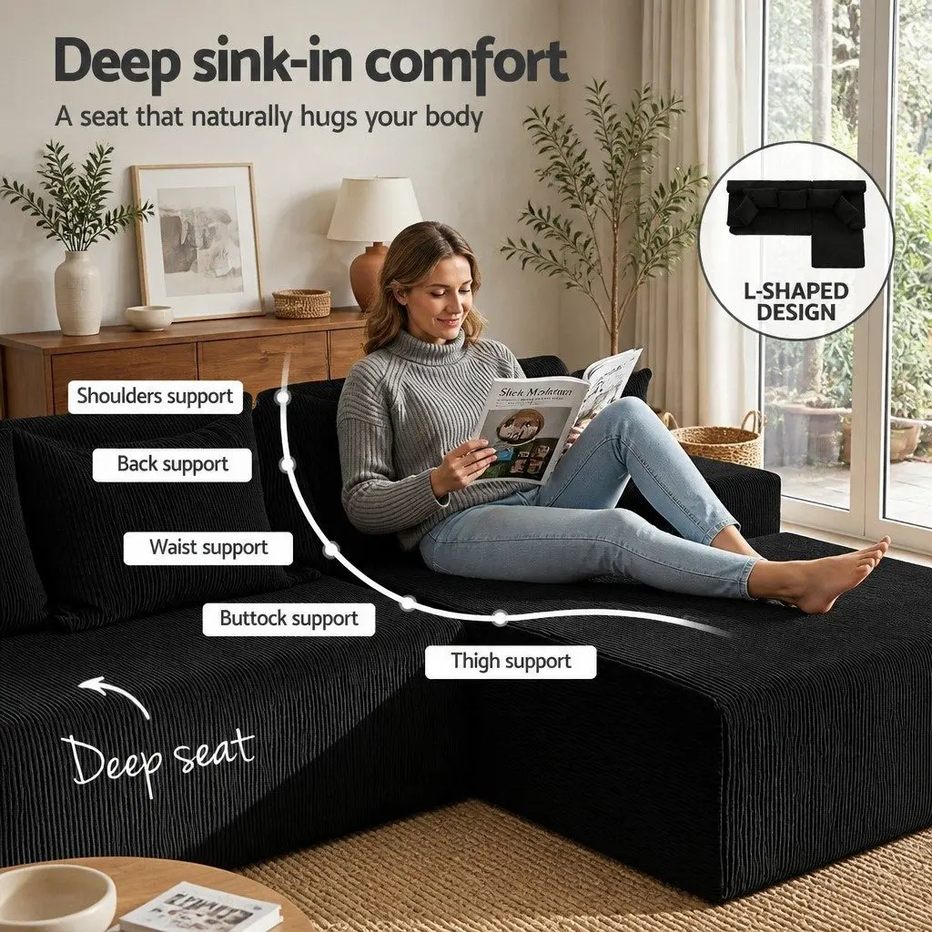 L-Shaped Modular Sectional Sofa Bed Black 4-Seater Convertible Couch Corduroy Fabric High-Density Foam
