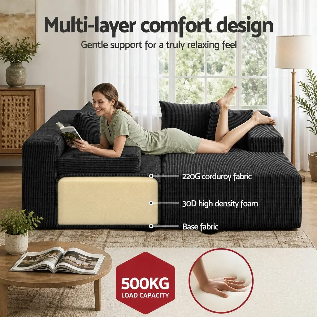 L-Shaped Modular Sectional Sofa Bed Black 4-Seater Convertible Couch Corduroy Fabric High-Density Foam