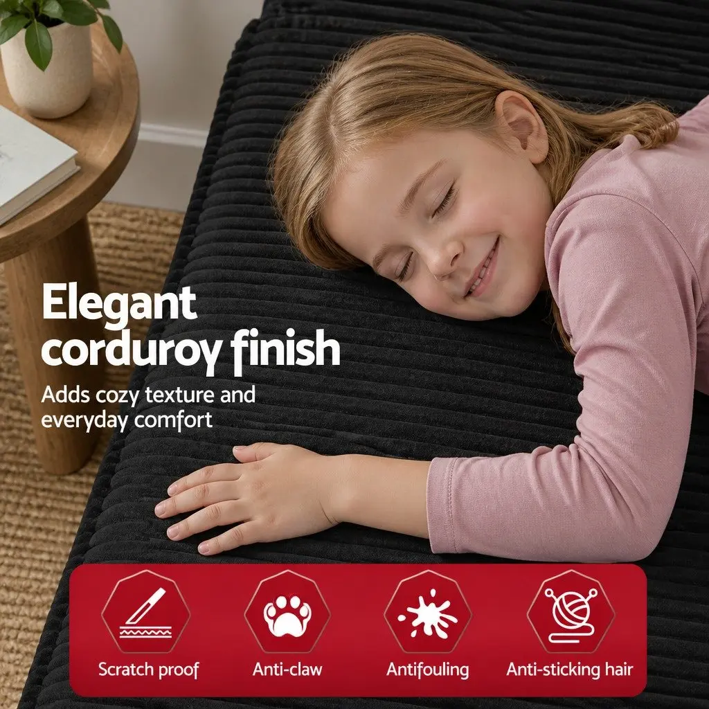 L-Shaped Modular Sectional Sofa Bed Black 4-Seater Convertible Couch Corduroy Fabric High-Density Foam