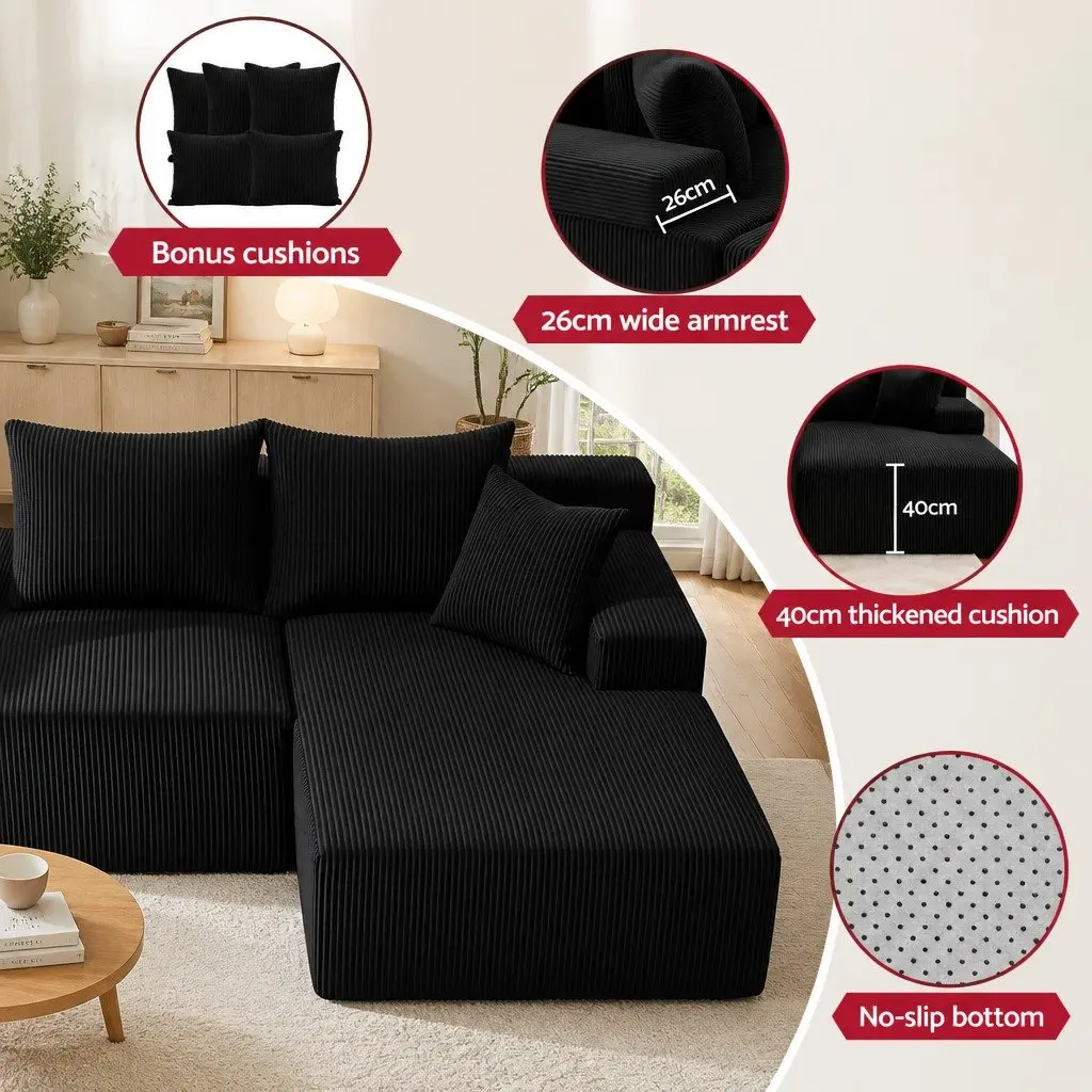 L-Shaped Modular Sectional Sofa Bed Black 4-Seater Convertible Couch Corduroy Fabric High-Density Foam
