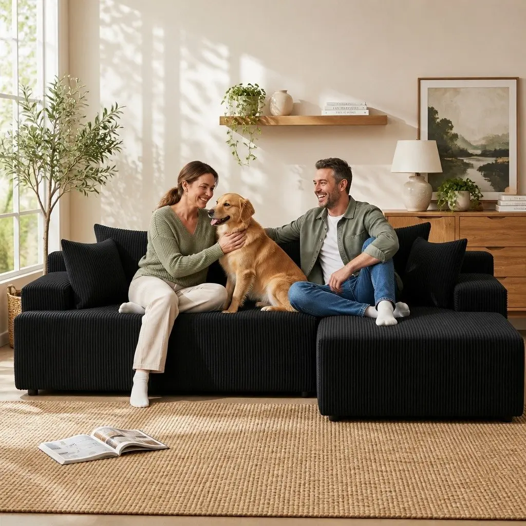 L-Shaped Modular Sectional Sofa Bed Black 4-Seater Convertible Couch Corduroy Fabric High-Density Foam
