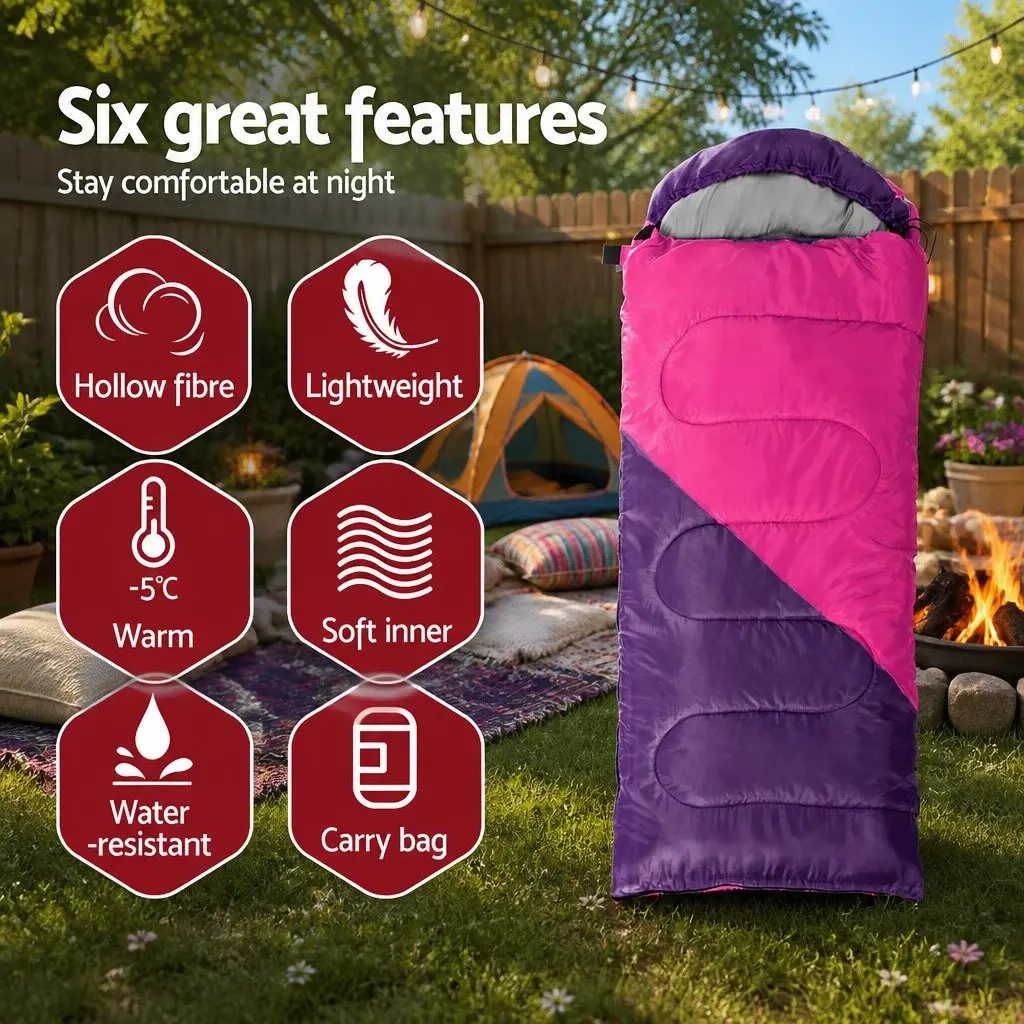 Kids Sleeping Bag 172cm Single Thermal Camping Hiking Travel Lightweight Pink