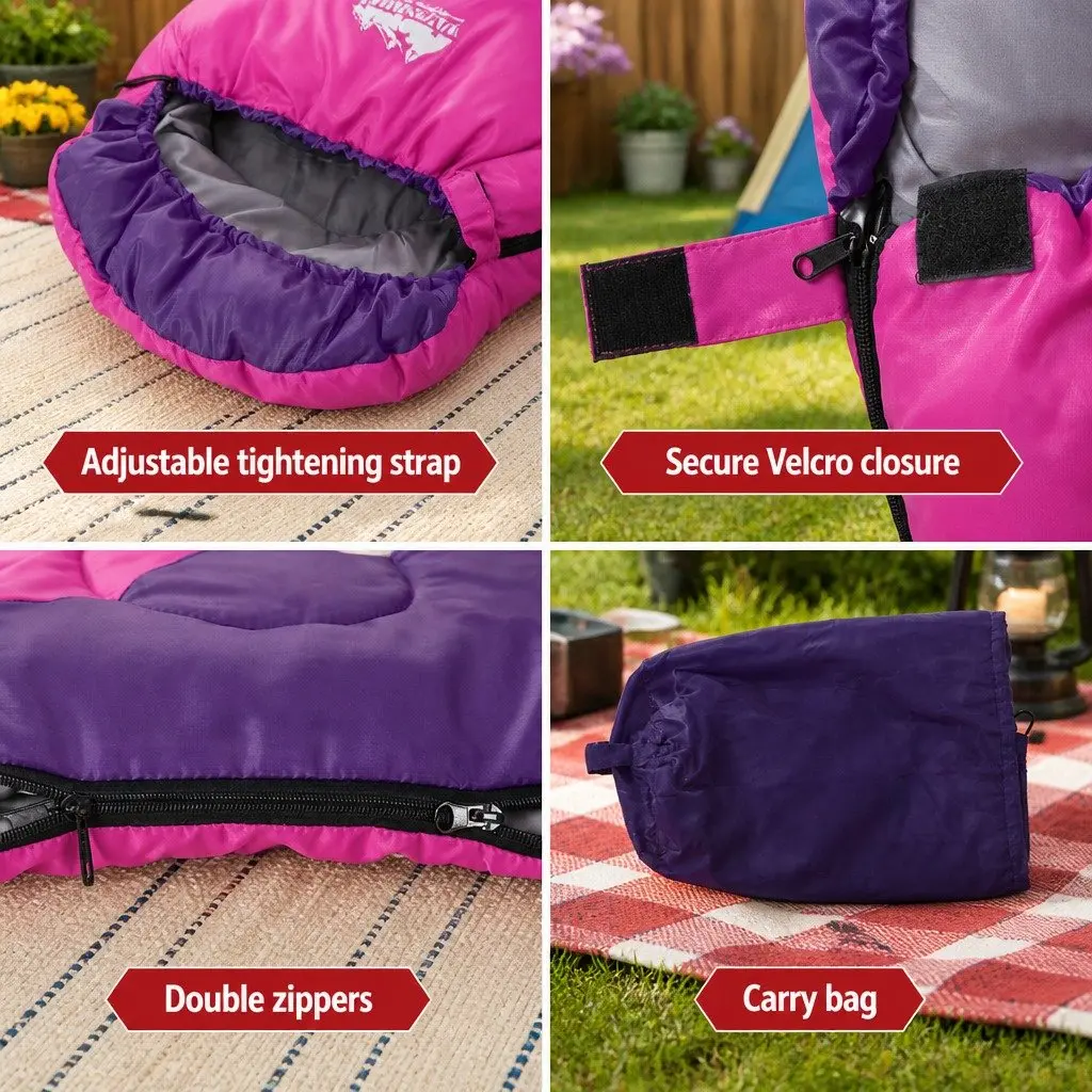 Kids Sleeping Bag 172cm Single Thermal Camping Hiking Travel Lightweight Pink