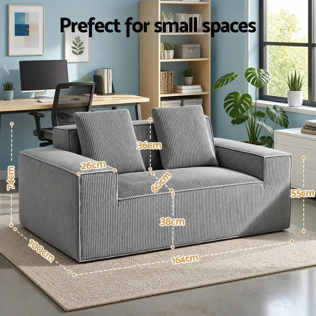 Loveseat Sofa Bed Grey Small No Assembly Required Corduroy Pocket Spring Core