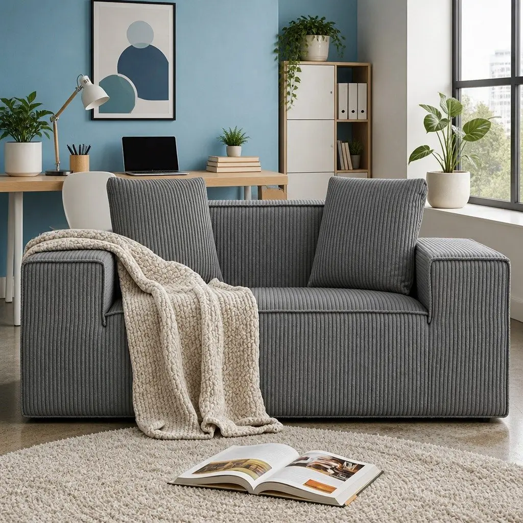 Loveseat Sofa Bed Grey Small No Assembly Required Corduroy Pocket Spring Core