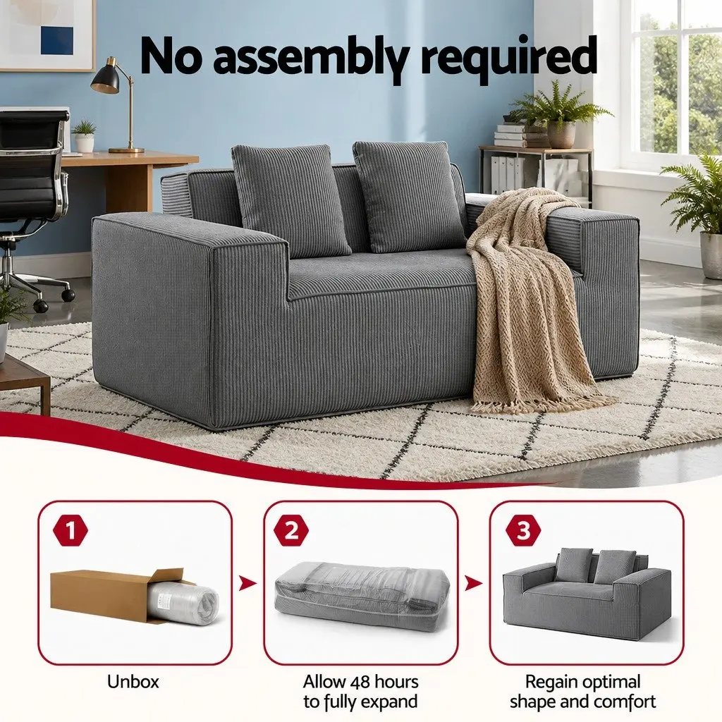 Loveseat Sofa Bed Grey Small No Assembly Required Corduroy Pocket Spring Core