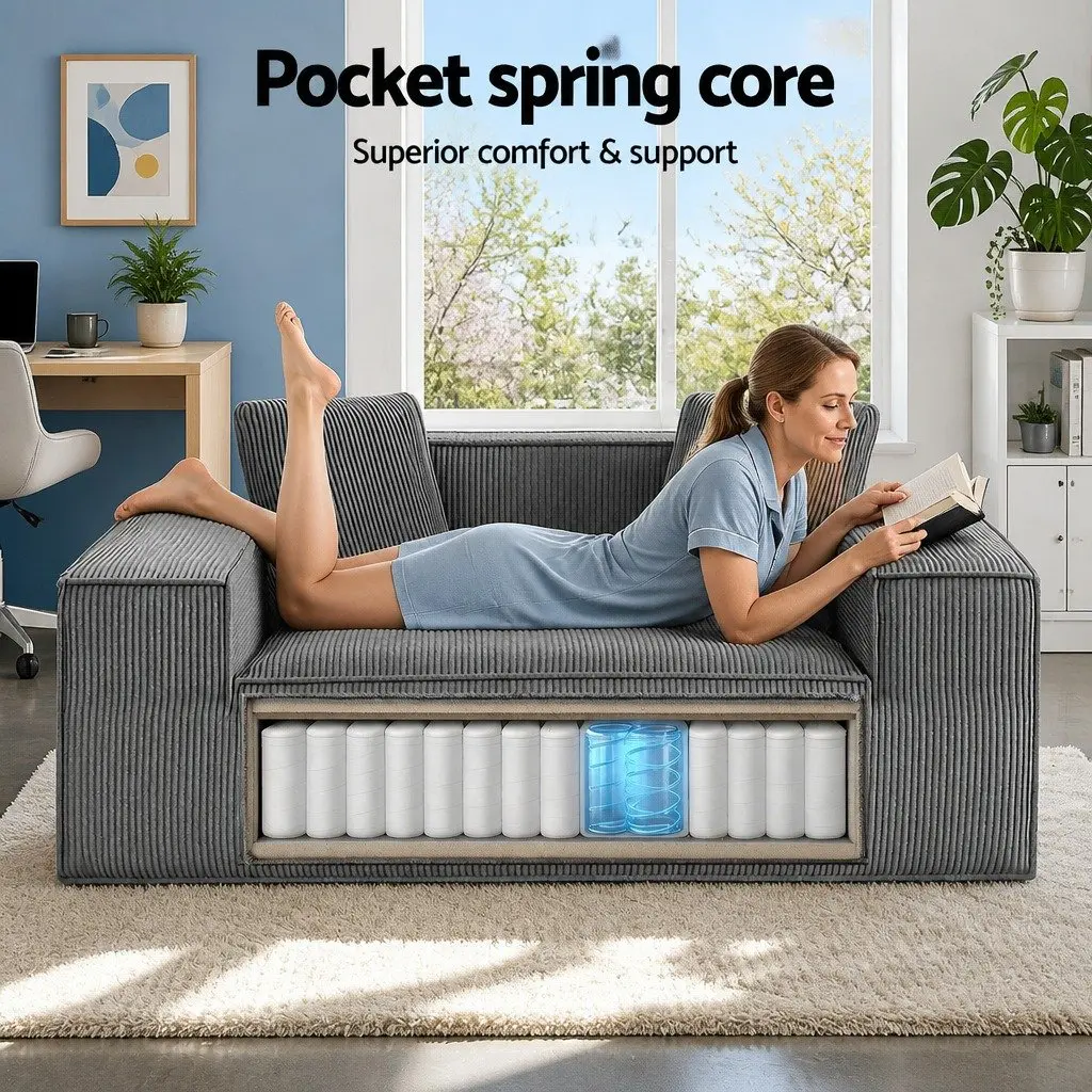 Loveseat Sofa Bed Grey Small No Assembly Required Corduroy Pocket Spring Core