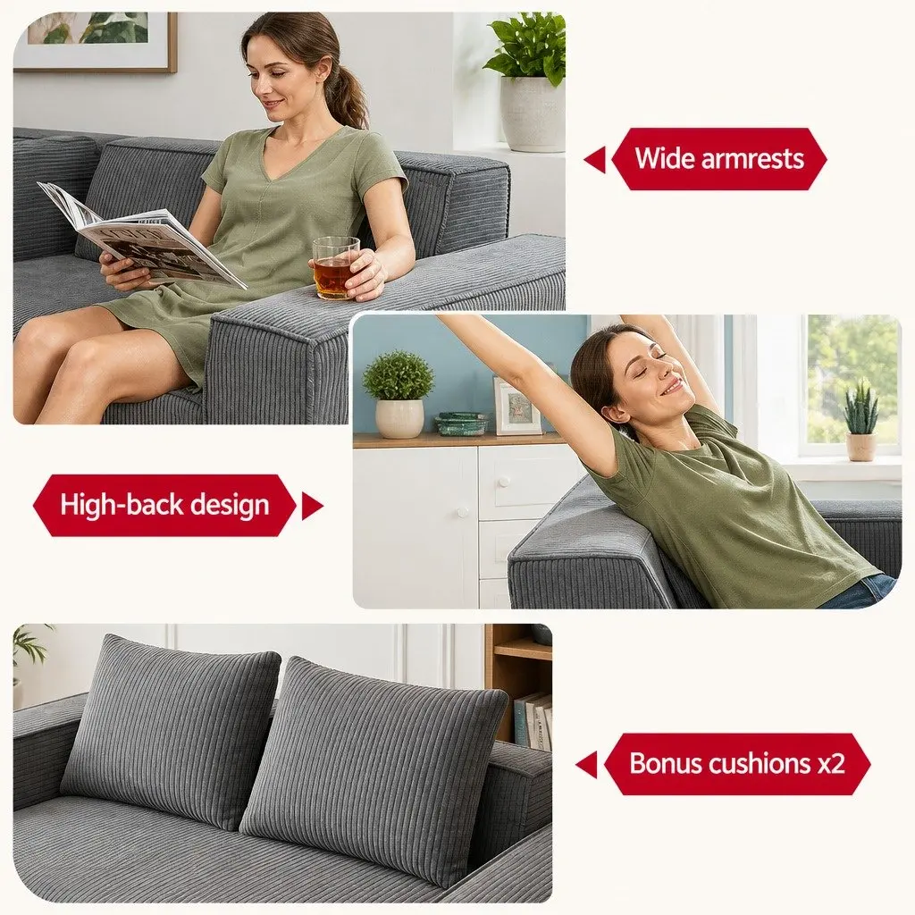 Loveseat Sofa Bed Grey Small No Assembly Required Corduroy Pocket Spring Core
